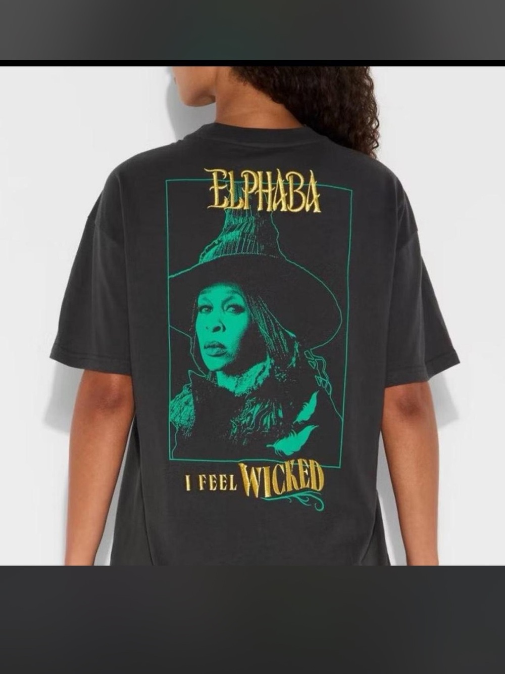 Elphaba 'I Feel Wicked' Graphic Tee - Black with Green & Gold Print